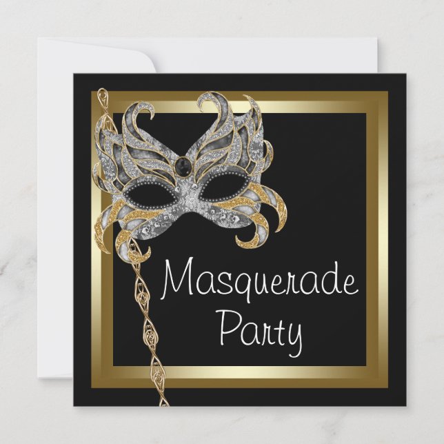 Invitaciones de fiesta de máscaras de oro y negro (Anverso)