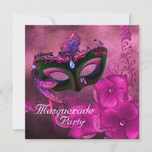 Invitaciones de fiesta de máscaras rosa púrpura de