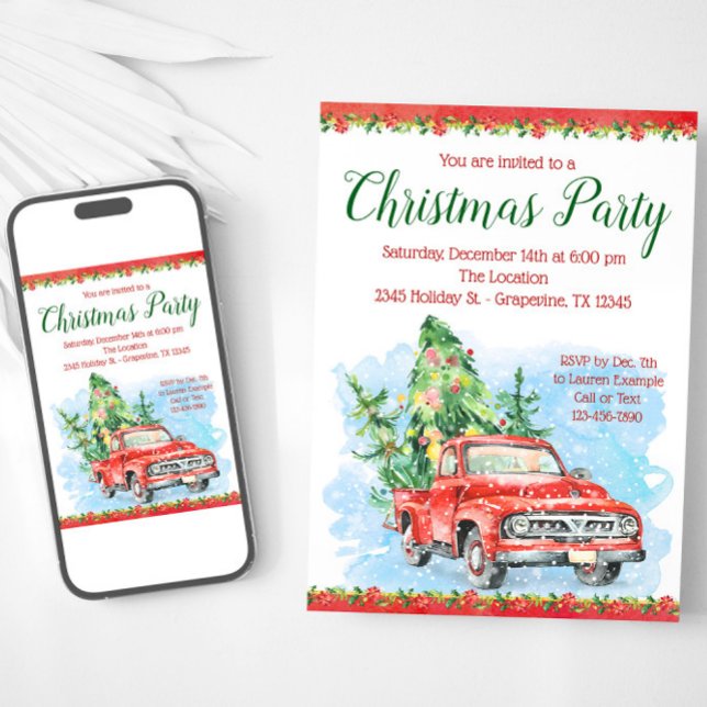 Invitaciones de fiesta de Navidad con camiones ant (Vintage truck Christmas party invitation. Available for instant download and print.)