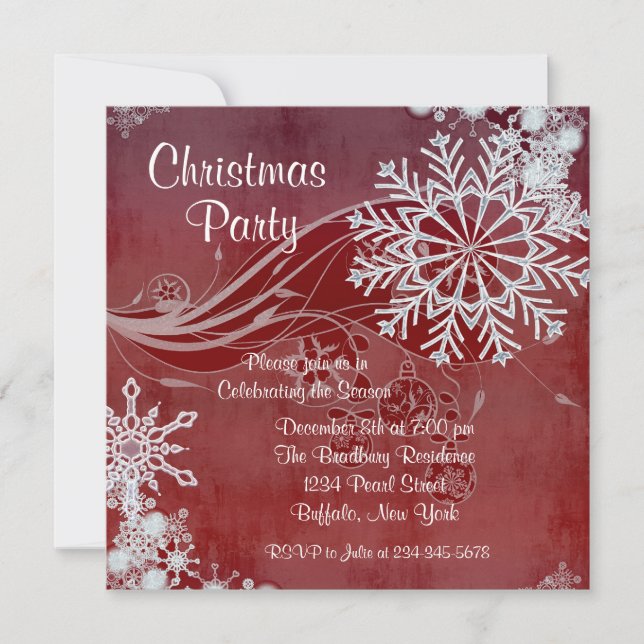 Invitaciones de fiesta de Navidad con copos de nie (Anverso)