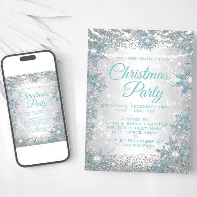 Invitaciones de fiesta de Navidad con copos de nie (Teal blue silver snowflake Christmas party invitation. Available for instant download and print.)