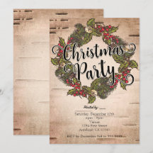 Invitaciones de fiesta de Navidad de abedul rústic