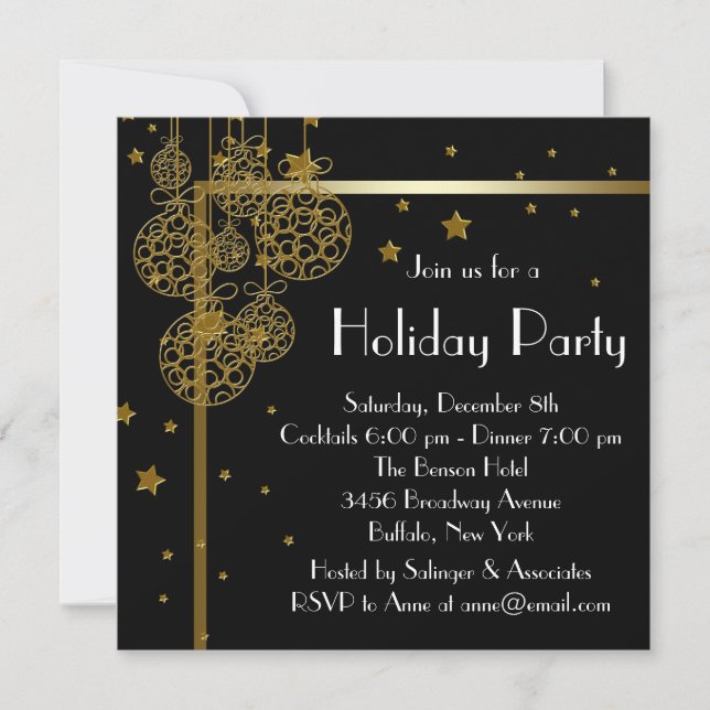 Invitaciones de fiesta de Navidad en negro dorado  (Anverso)