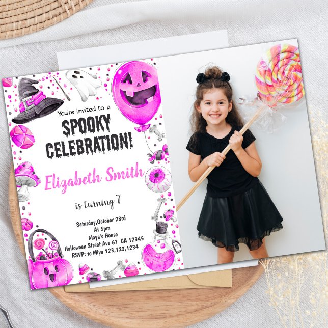 Invitaciones de fiesta de personalizable espeluzna (Pink Halloween Invitations with photo)