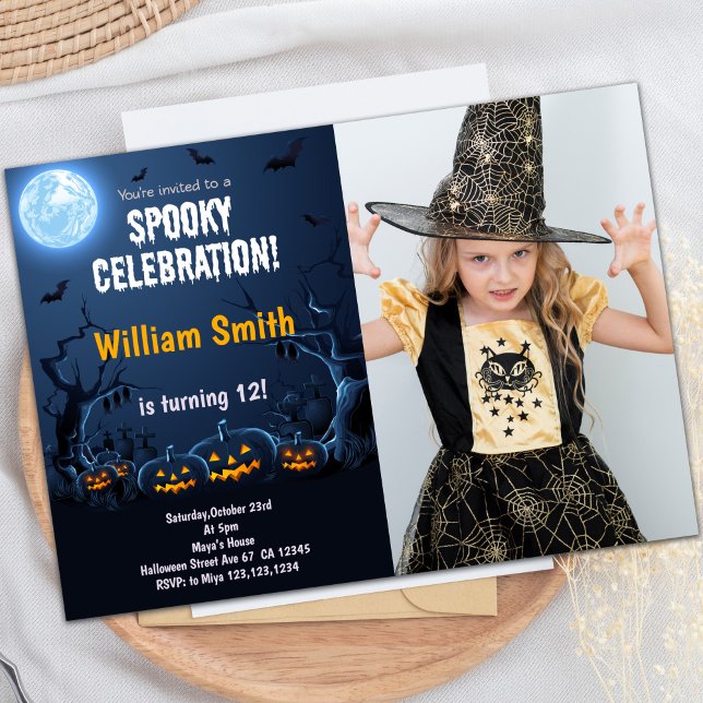 Invitaciones de fiesta de personalizable espeluzna (Pumpkins Halloween Birthday Invitations w photo)