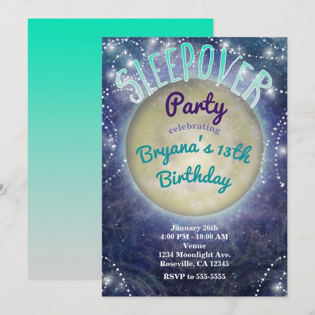 Invitaciones de fiesta de pijamas Luna en el cielo (Anverso / Reverso)