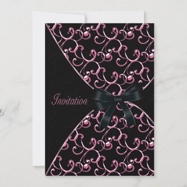 Invitaciones de fiesta de Pink Black Swirls (Anverso)