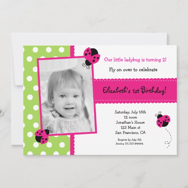 Invitaciones de fiesta de Pink Ladybug Photo BIrth (Anverso)