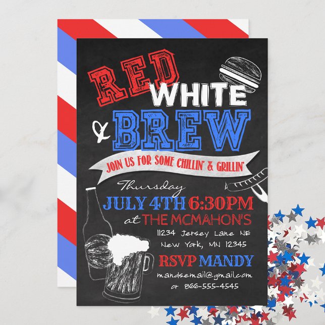 Invitaciones de fiesta de pizarra de cerveza blanc (Red, White & Brew Chalkboard Invitation)