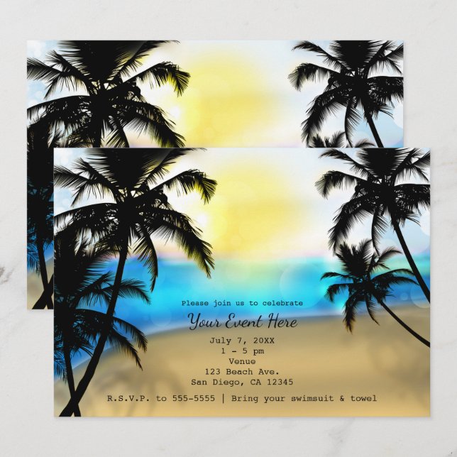 Invitaciones de fiesta de playa tropical y palmera (Anverso / Reverso)