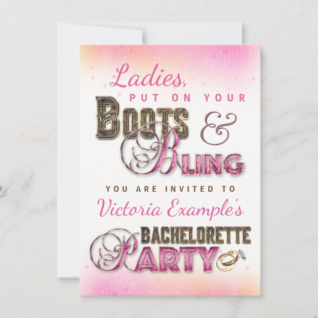 Invitaciones de fiesta de soltera con botas y bril (Anverso)