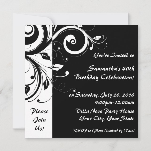 Invitaciones de fiesta de Swirl inverso cuadrada e (Anverso)
