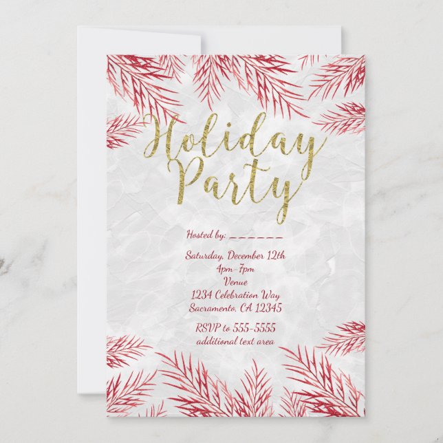 Invitaciones de fiesta de vacaciones con hojas roj (Anverso)