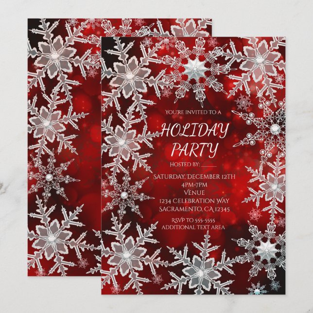 Invitaciones de fiesta de vacaciones rojas copos d (Anverso / Reverso)