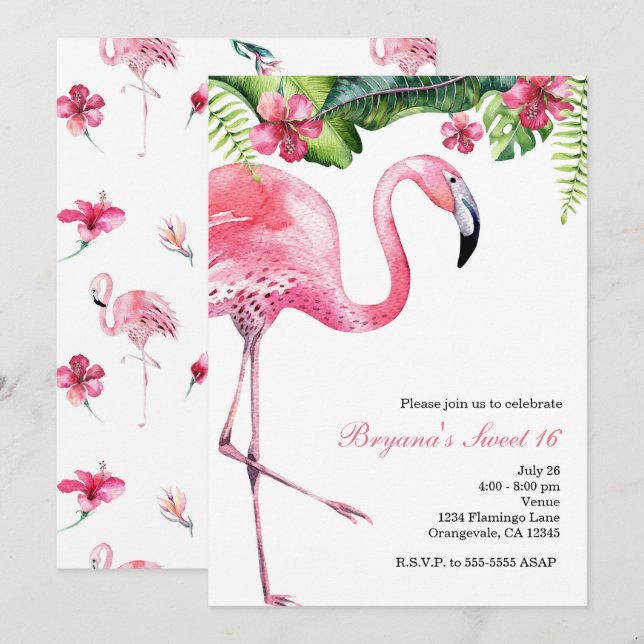 Invitaciones de fiesta de verano tropical flamenco (Anverso / Reverso)