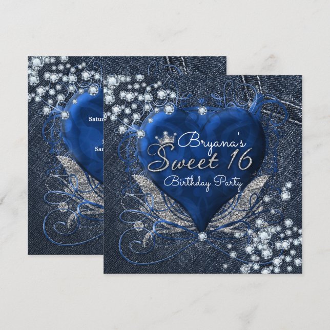 Invitaciones de fiesta Denim & Diamonds Heart Swee (Anverso / Reverso)