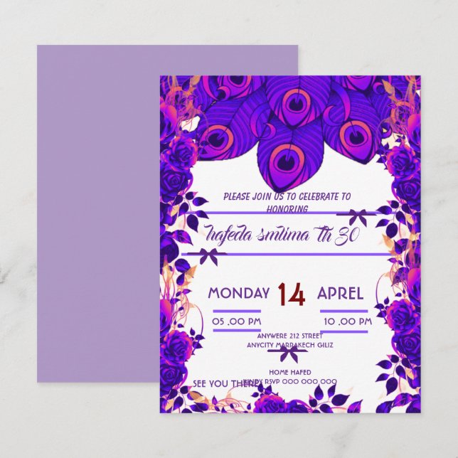 Invitaciones de fiesta editables plumas de pavo re (Anverso / Reverso)