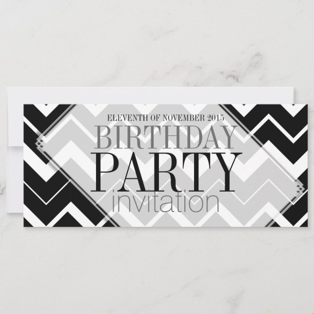 Invitaciones de fiesta elegantes con chevron en bl (Anverso)