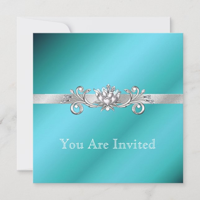 Invitaciones de fiesta elegantes de aguamarina y p (Anverso)