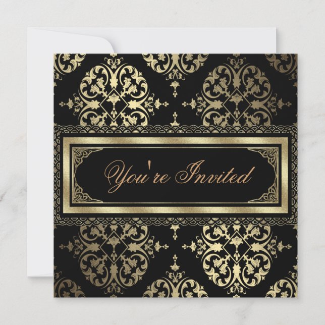 Invitaciones de fiesta elegantes de oro y negro co (Anverso)