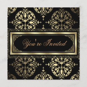 Invitaciones de fiesta elegantes de oro y negro co
