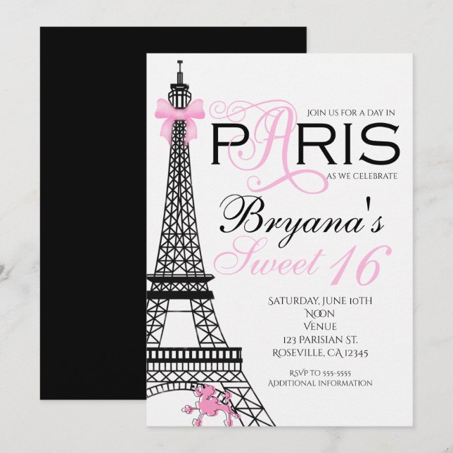 Invitaciones de fiesta elegantes rosa y negro Pari (Anverso / Reverso)