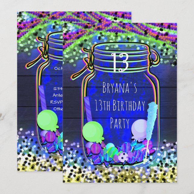 Invitaciones de fiesta en tarro de Mason con dulce (Anverso / Reverso)