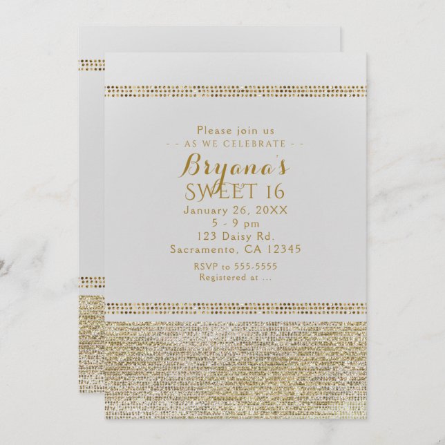 Invitaciones de fiesta Glam Chic oro blanco y chis (Anverso / Reverso)