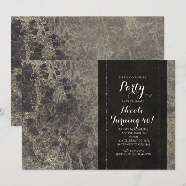 Invitaciones de fiesta Glam Marble Granite Shimmer (Anverso / Reverso)