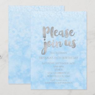 Invitaciones de fiesta glamurosas azul y plata con