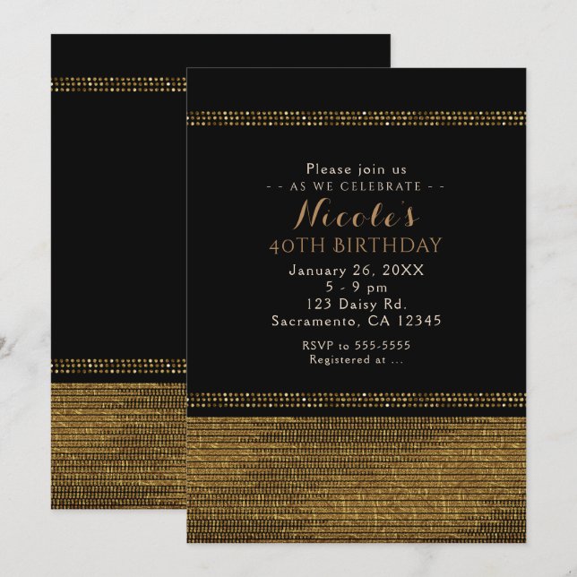 Invitaciones de fiesta glamurosas con estilo negro (Anverso / Reverso)