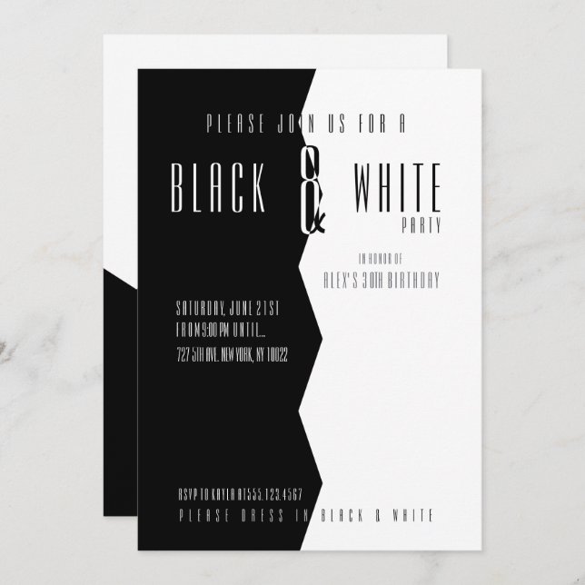 Invitaciones de fiesta modernas en blanco y negro (Anverso / Reverso)