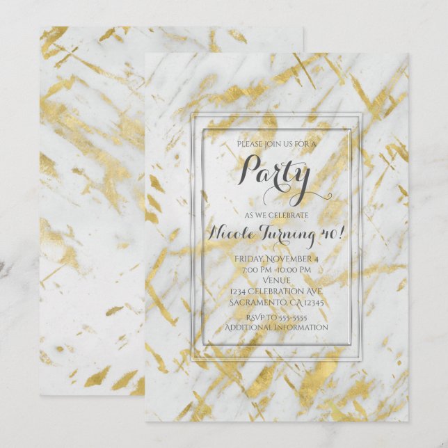 Invitaciones de fiesta modernas glamurosas de márm (Anverso / Reverso)