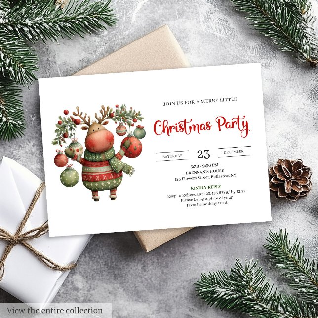 Invitaciones de fiesta navideña con renos capricho (Quirky Reindeer watercolor holiday party invitation)