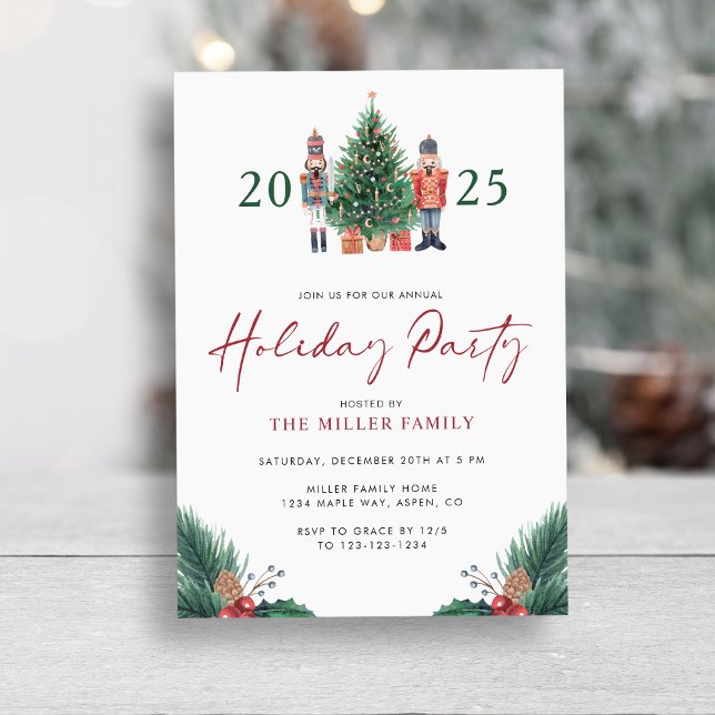 Invitaciones de fiesta navideña de botánica con ac (Christmas 2025 Nutcracker Watercolor Botanical Holiday Party Invitations by Painted Paperie
)