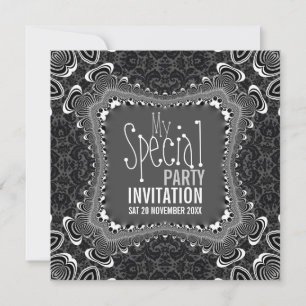 Invitaciones de fiesta negras y blancas con giro d
