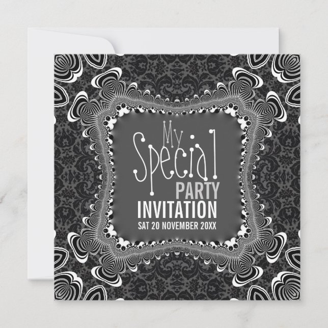 Invitaciones de fiesta negras y blancas con giro d (Anverso)