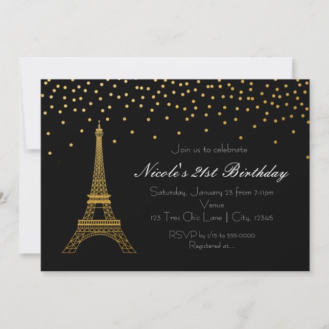 Invitaciones de fiesta negras y doradas de la Torr (Anverso)