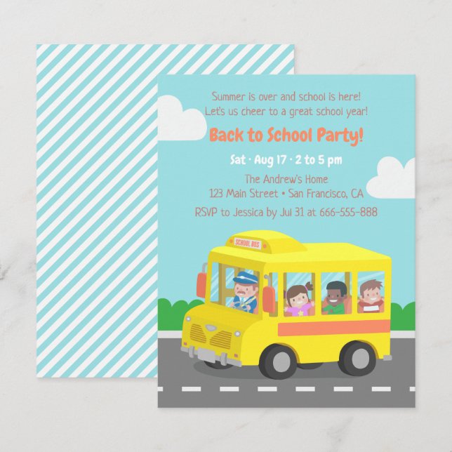 Invitaciones de fiesta para niños en autobús amari (Anverso / Reverso)