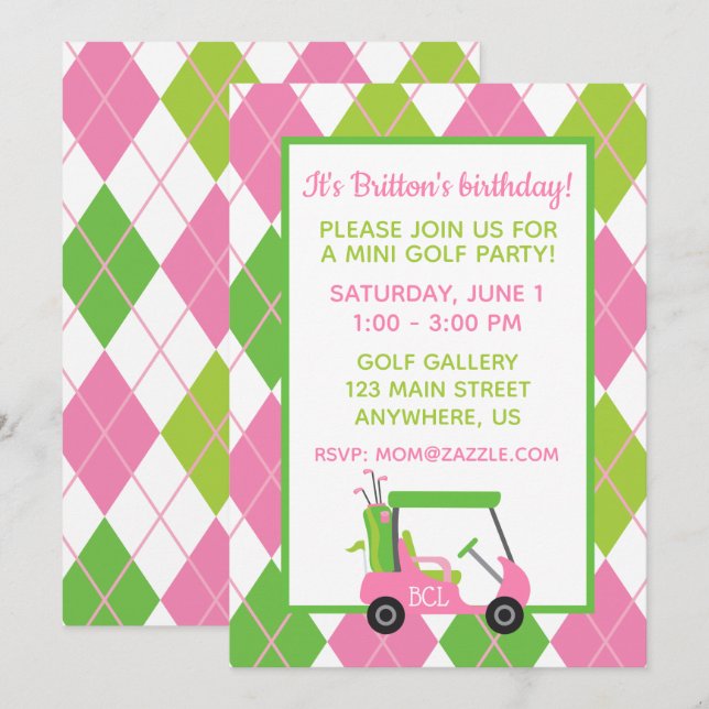 Invitaciones de fiesta personalizada de golf rosa  (Anverso / Reverso)
