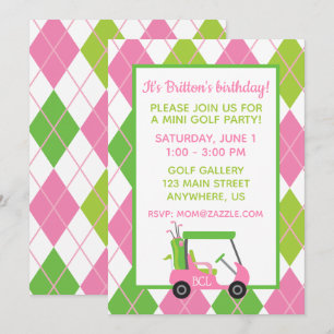 Invitaciones de fiesta personalizadas de golf rosa