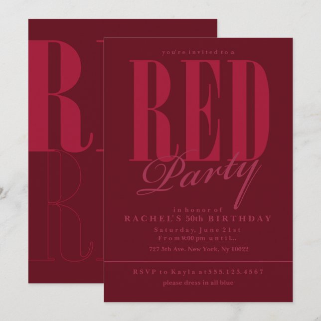 Invitaciones de fiesta Rojo Radiante (Anverso / Reverso)