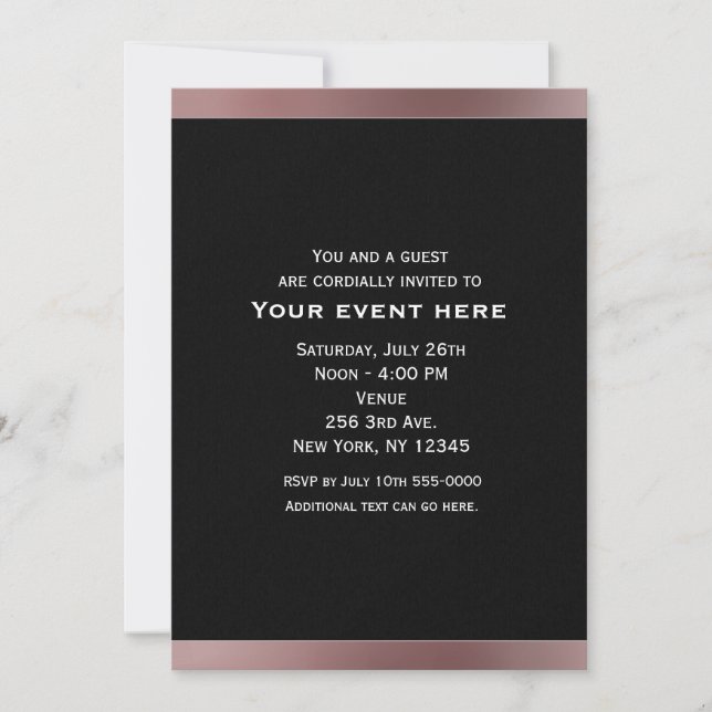 Invitaciones de fiesta rosa malva de oro negro y r (Anverso)