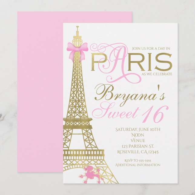 Invitaciones de Fiesta Rosa y Oro Elegantes París  (Anverso / Reverso)