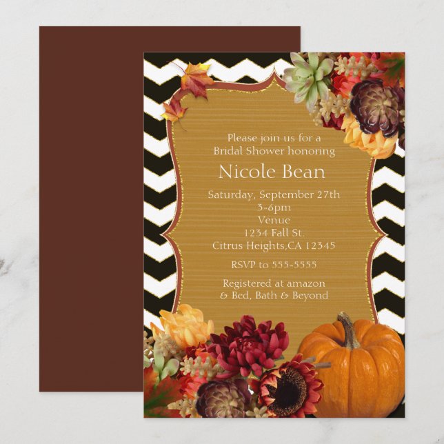 Invitaciones de Flores de Otoño y Calabaza Negro D (Anverso / Reverso)