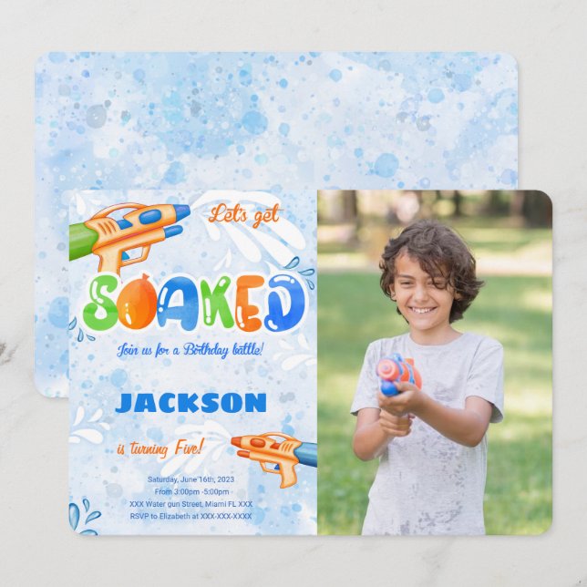 Invitaciones de Foto con Pistola de Agua Editable (Anverso / Reverso)