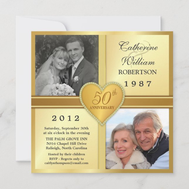 Invitaciones de Foto de Corazón Brillante del 50 A (Anverso)