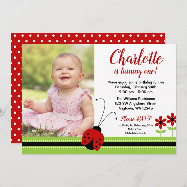 Invitaciones de foto de cumpleaños del Chica Red L (Anverso / Reverso)