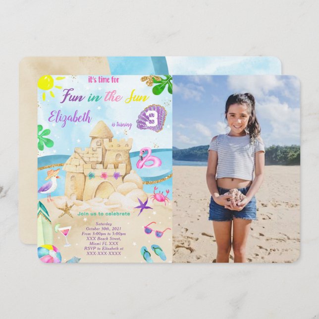 Invitaciones de foto de cumpleaños en la playa (Anverso / Reverso)