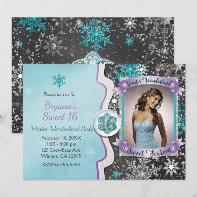Invitaciones de foto de fiesta Sweet 16 de Winter  (Anverso / Reverso)